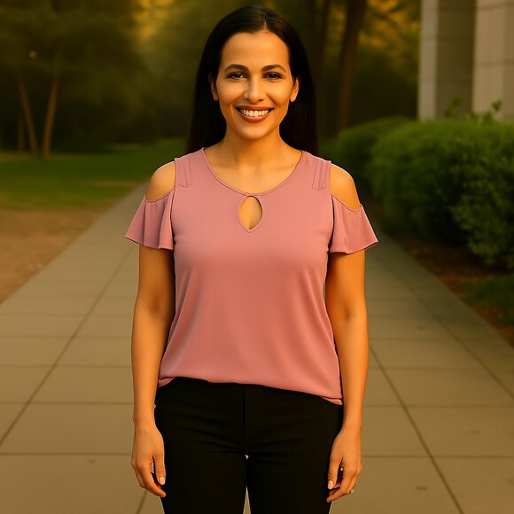 Nina Leonard Blush Pink Cold Shoulder Keyhole accented Neck Top Size L - Picture 1 of 7